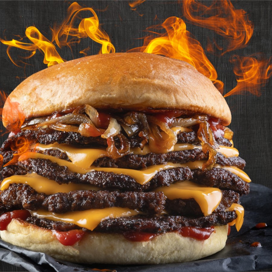 Smash Burger mit mehreren Patties, geschmolzenem Käse und gerösteten Zwiebeln